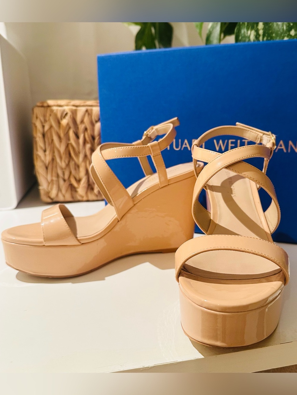 Stuart Weitzman Nude Wedge Sandals in Patent Leather